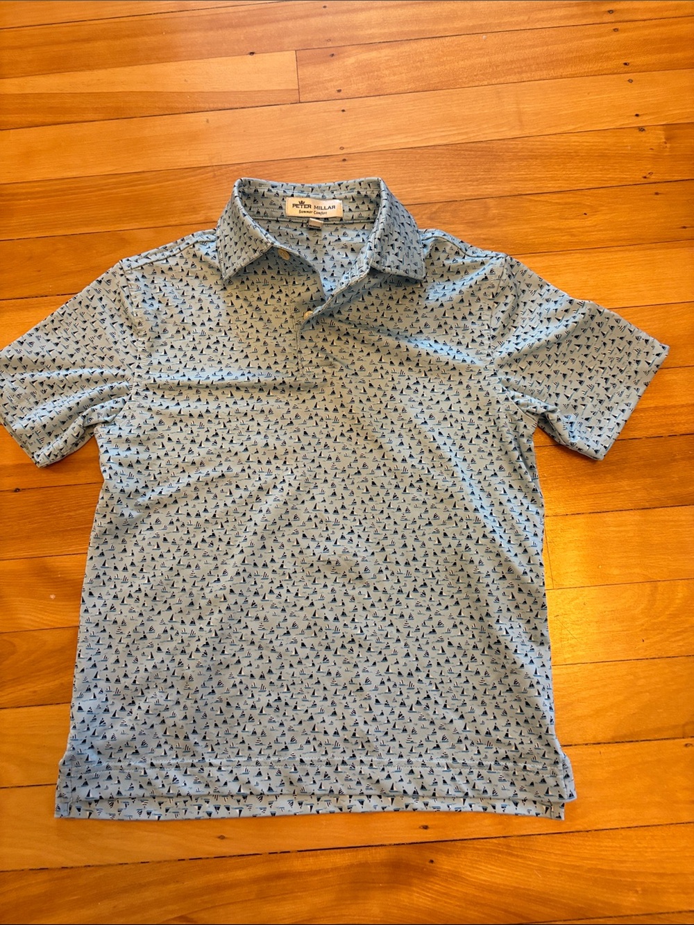Peter Millar Light Blue Polo with Navy Micro Sailboat Print